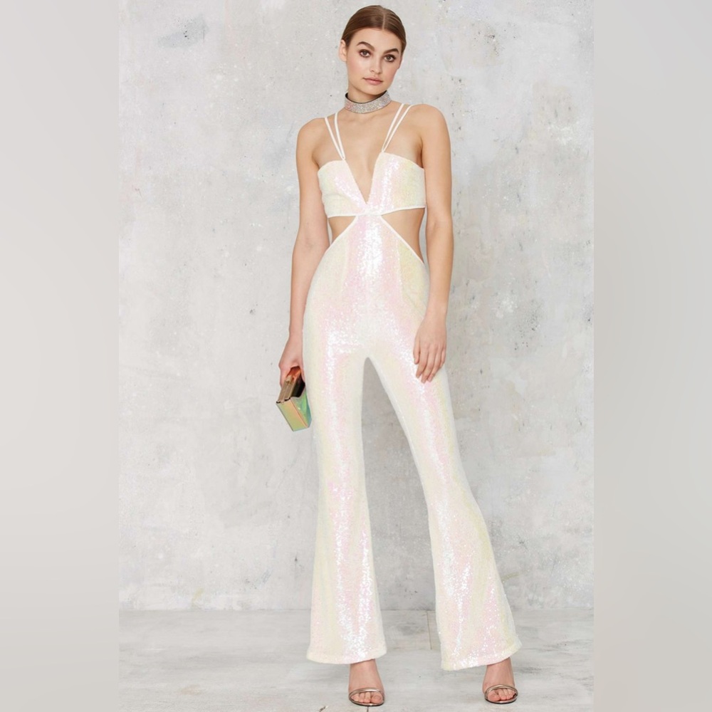 Nasty Gal Pop Fizz Clink Jumpsuit Glam Sequin White - Bachelorette Party